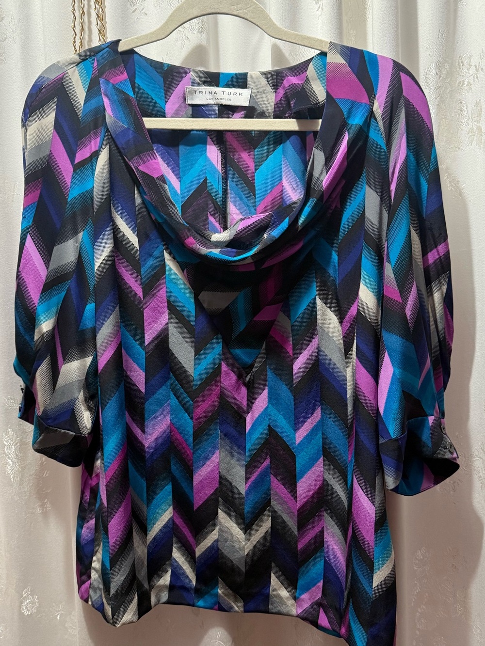 Trina Turk Chevron Drape Neck Silk Blouse in Purple, Blue, Black